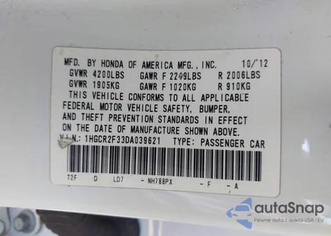 2013 Honda Accord Lx из США, поврежденный, VIN 1HGCR2F33DA039621